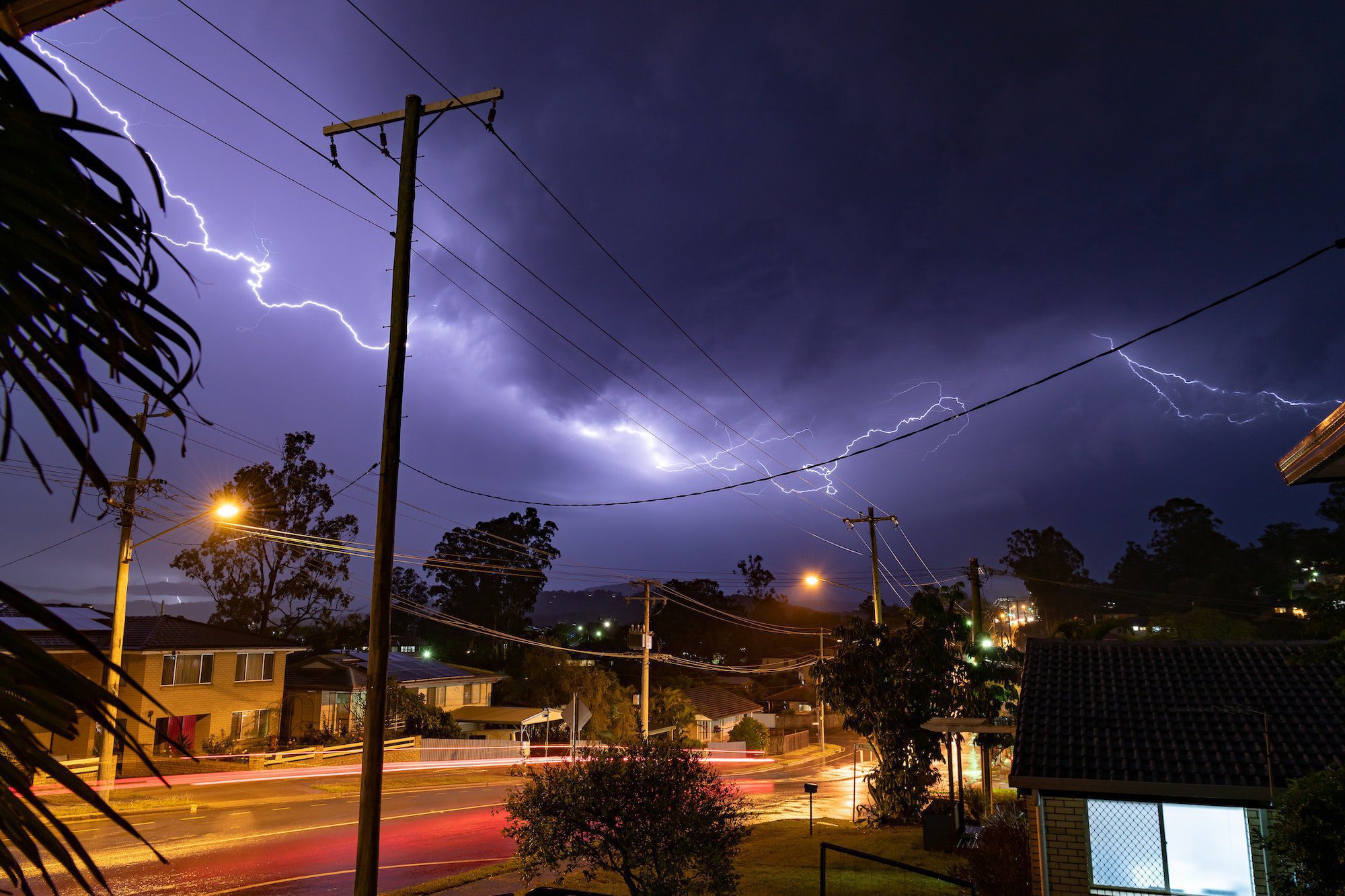 Lightning flashing across the sky in suburban Brisbane Australia